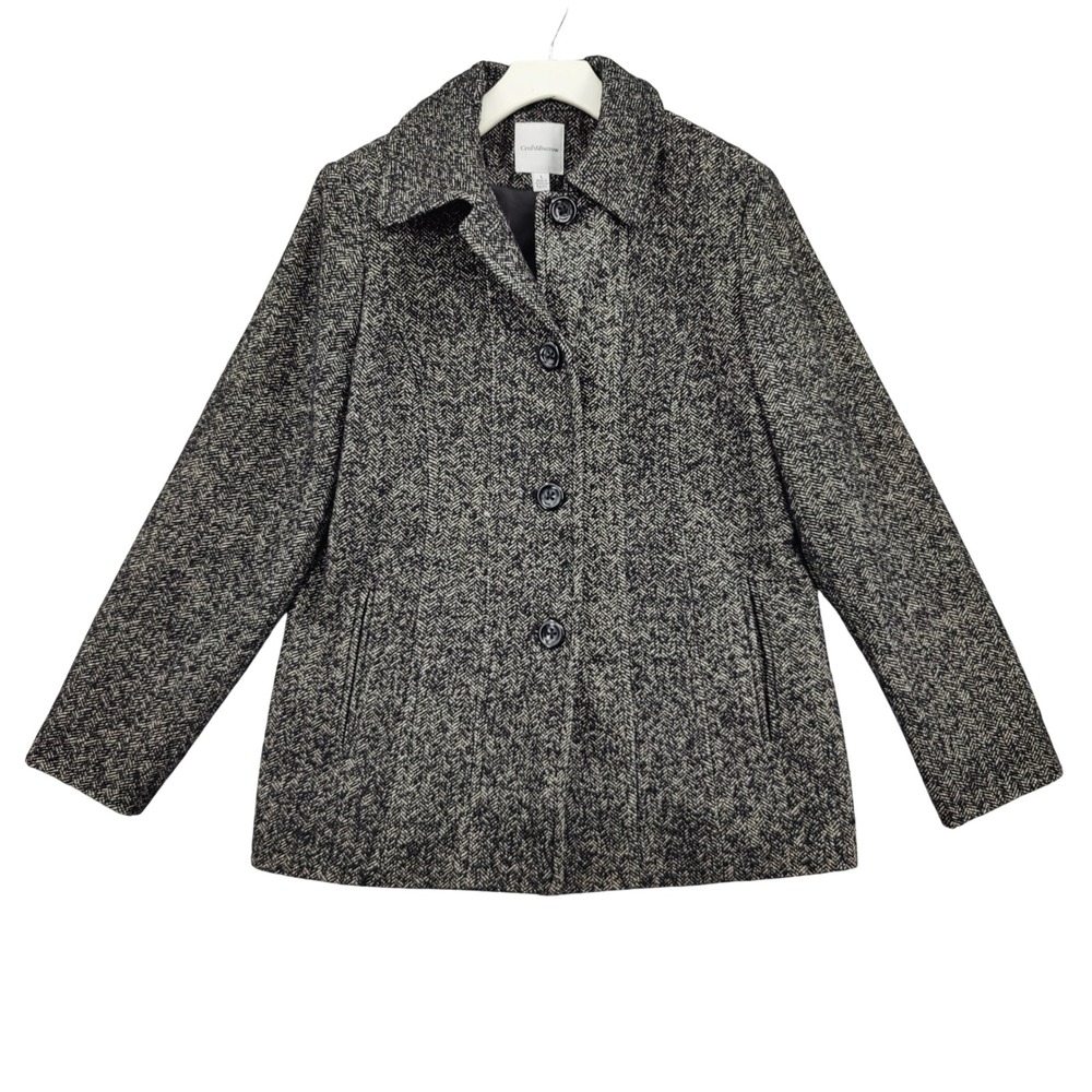 Croft & Barrow Womens Preppy Dark Academia Wool Blend Herringbone Coat L Black
